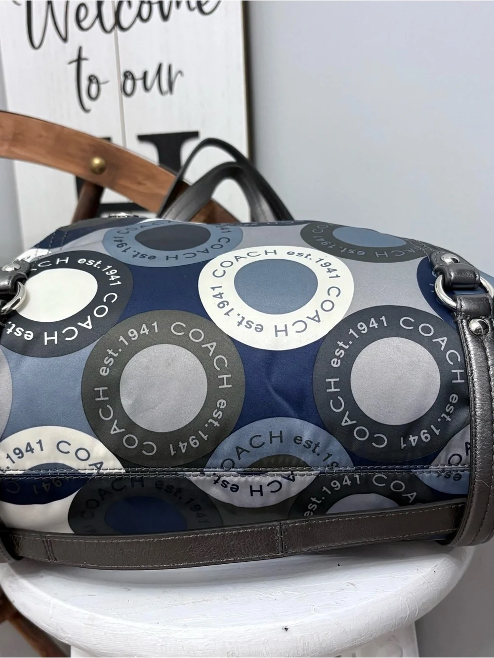 Coach Alexander Bag Navy, Gray and Silver Circle Sateen Print Satchel 💙🤍